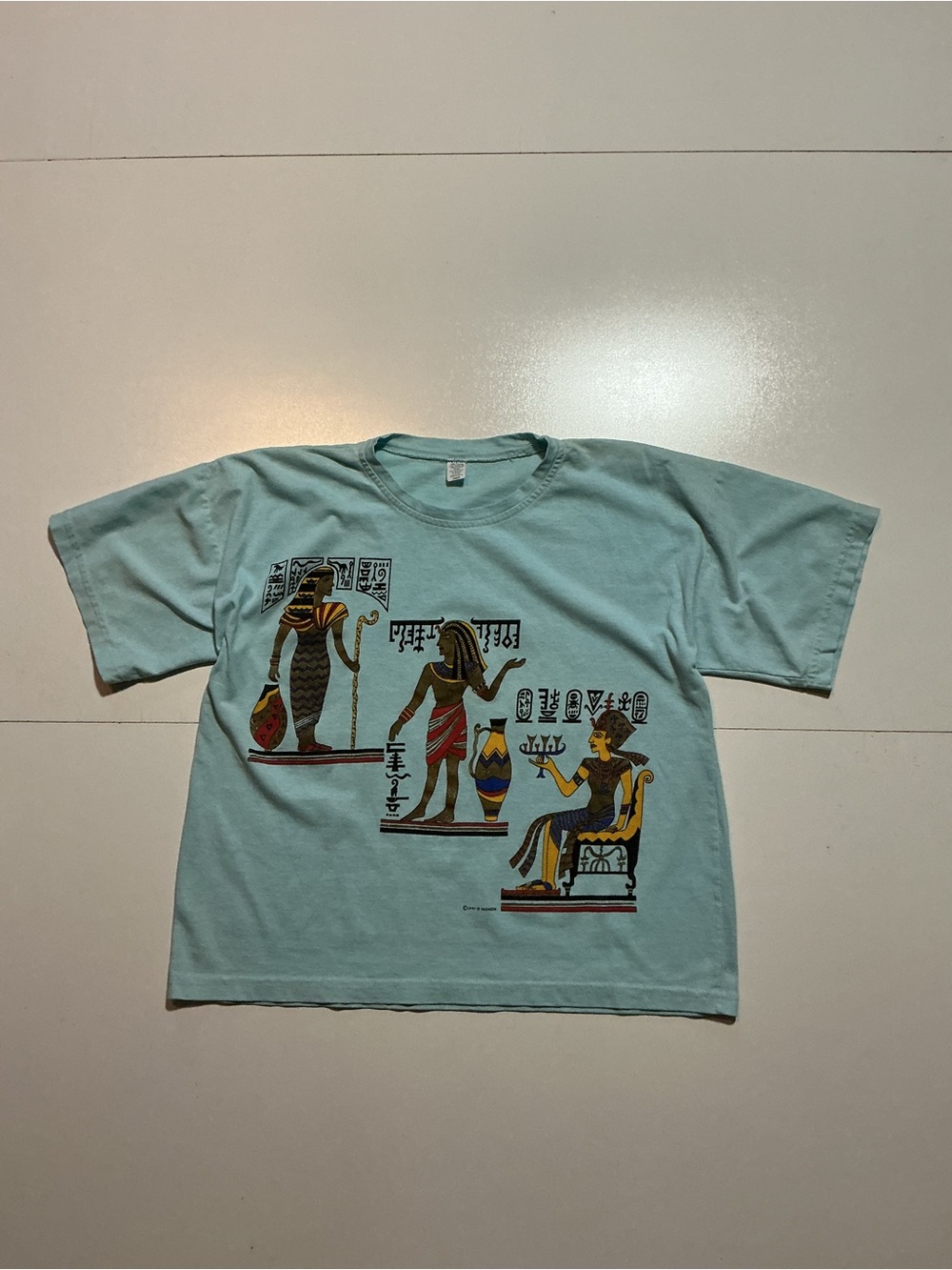 Vintage 1991 If Fashion Egyptian Hieroglyphics Blue Graphic Made In USA T-Shirt